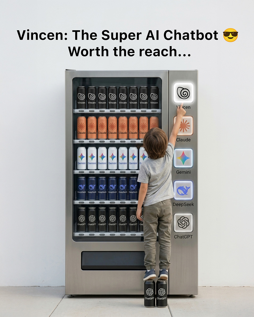 Static ad 02: vending machine of AI assistants with a child reaching for Vincen